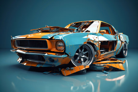 Car destroyed after an accident. Car accident on the street, damaged car after collision. Violation of traffic rules. Serious car accident. Road traffic accidentの素材