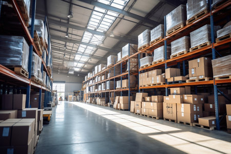 A large warehouse filled with neatly stacked boxes. selective focus. Large space for storing and moving goods. Logistics. Trade in the modern worldの素材