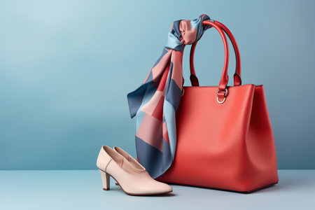 Women's bag, shoes and neckerchief. Fashionable women's things and accessories. Stylish red women's bag and shoes. Elegant women's clothesの素材