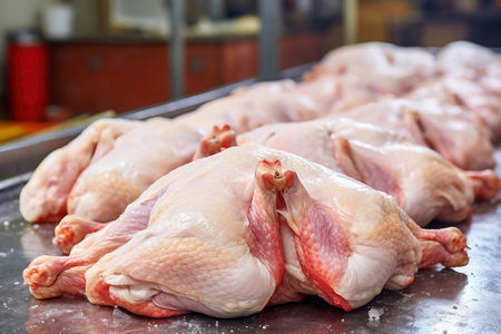 Poultry farm production of chicken meat. Industrial production and packaging of chicken meat. Chicken carcases and tenderloin. modern food industryの素材