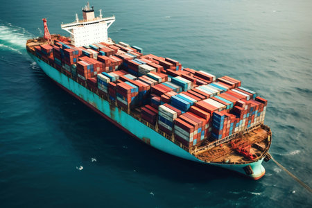 Global business logistics of import-export cargo. Cargo ship with sea containers on board in the port. Transportation of goods across the ocean. Ship with containers in the oceanの素材
