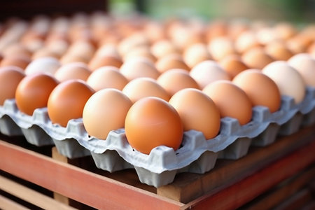 Chicken eggs move along a conveyor in a poultry farm. Food industry concept, chicken egg production. Lots of brown and white chicken eggsの素材