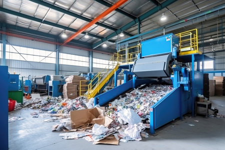 Waste sorting plant. Many different conveyors and bins. conveyors filled with various household waste. Waste disposal and recycling. Waste processing plantの素材