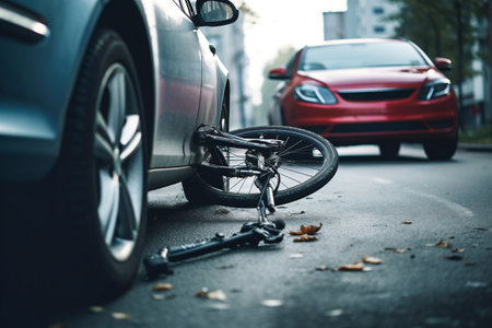 Groceries and broken bike on pedestrian crossing after collision with a car. Car accident on the street, hit by a cyclist after a collision. Violation of traffic rulesの素材