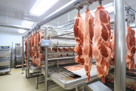 Meat processing plant. Work process for meat production. Arrival of jamon or cold cuts. Production of pork or beef in a modern enterpriseの素材