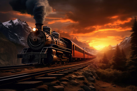 A painting of a train on a train track. The steam locomotive moves at sunset in the red rays of the sun along the railroad tracks. Puffs of smoke from the chimney of a retro trainの素材