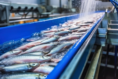 fish processing plant. production line. Raw sea fish on a factory conveyor. Production of canned fish. modern food industryの素材