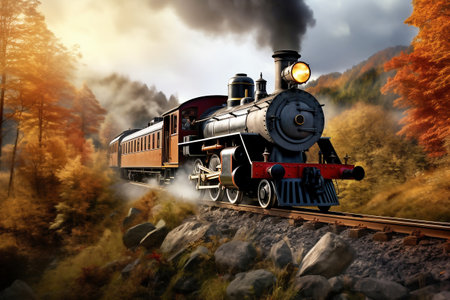 A train traveling down train tracks next to a lush green field. Smoke from the chimney of a retro trainの素材
