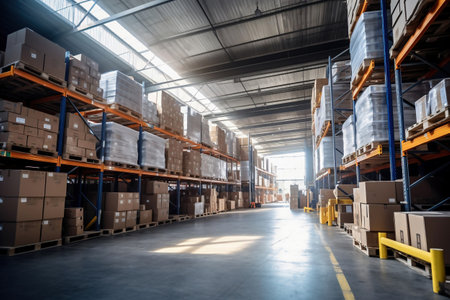 A large warehouse filled with neatly stacked boxes. selective focus. Large space for storing and moving goods. Logistics. Trade in the modern worldの素材