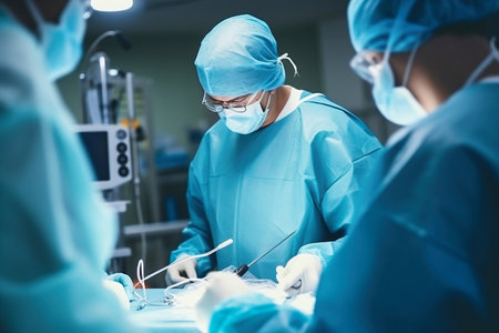 Photo of surgeons performing a complex surgery in a modern operating room. A group of surgeons performing surgery on a patientの素材