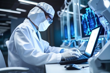 A man in a white lab coat and mask working on a laptopの素材