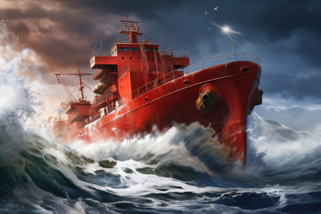 A cargo or fishing ship is caught in a severe storm. Ship at sea on big waves. The threat of shipwreck. element in the ocean. The hard work of a sailorの素材