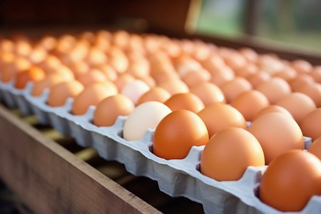 Chicken eggs move along a conveyor in a poultry farm. Food industry concept, chicken egg production. Lots of brown and white chicken eggsの素材