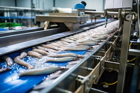 fish processing plant. production line. Raw sea fish on a factory conveyor. Production of canned fish. modern food industryの素材