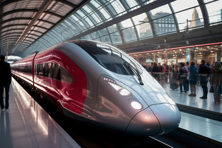 Red and white modern high-speed train on a railway platform. Boarding platform at the railway station. high-speed transportの素材