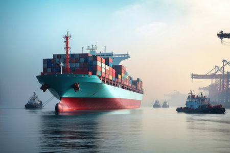 Global business logistics import-export cargo. Cargo ship with sea containers on board in the port. Transportation of goods across the ocean. Sea container ship is escorted by tugs to the portの素材