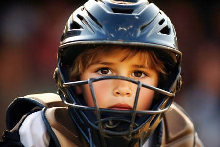A close up of a child wearing a baseball helmetの素材