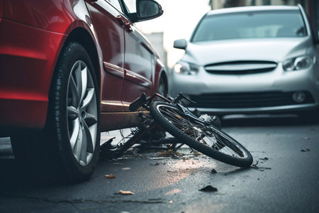 Groceries and broken bike on pedestrian crossing after collision with a car. Car accident on the street, hit by a cyclist after a collision. Violation of traffic rulesの素材