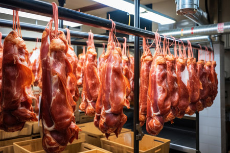 Meat processing plant. Hanging meat in the production hall. The arrival of jamon or cold cuts. Natural fresh meat product. Production of pork or beef at the enterpriseの素材