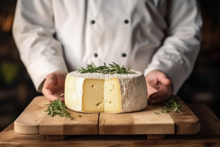 A person cutting cheese on a cutting board. Farmer or chef makes cheese sliceの素材