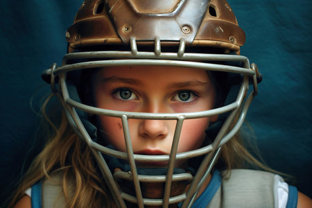 A painting of a young girls wearing a football helmet. Sports protective equipmentの素材