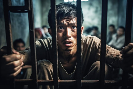 An Asian male prisoner in a cell behind bars. Chinese guy behind bars. The pain and suffering of the prisoner. Judgment. Hopelessnessの素材