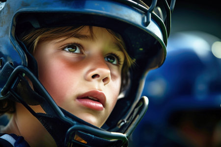 A close up of a child wearing a baseball helmet. Boy in a helmet. Sports protective equipment. Children's sportsの素材