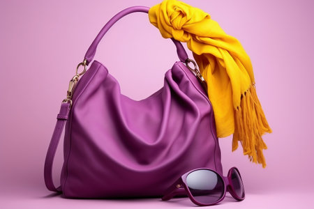 Women's bag and neckerchief. Fashionable women's things and accessories. Stylish pink women's bag and yellow cravats. Elegant women's clothesの素材