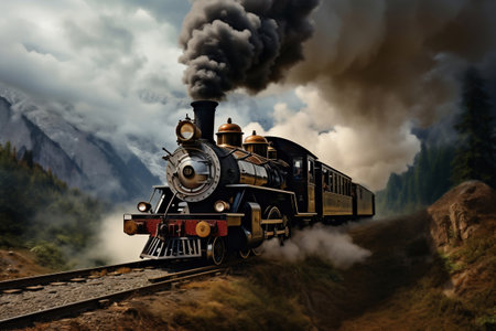 A painting of a train on a train track. The locomotive moves among the mountains and beautiful nature along the rails. Smoke from the chimney of a retro trainの素材