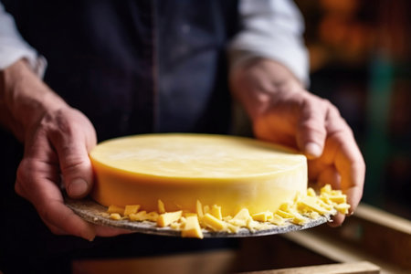 A person holding a piece of cheese in their hands. Homemade cheese production on a farm. Natural product. Close-up. Farming conceptの素材
