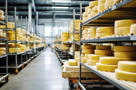 A large production room filled with many racks and shelves with different types of cheese. The cheese matures in a special room at the factory. Cheese production and storageの素材