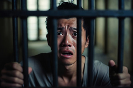 A man holding a bar in a jail cellの素材