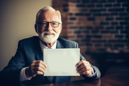 A senior man of European appearance in a business suit is holding a sign or paper. Gray-haired old man. copyspace. pension reform. happy old age and retirement. accumulative pension systemの素材