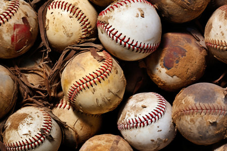A close up of a bunch of baseballsの素材