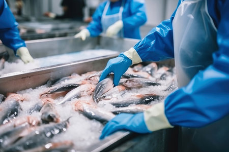 fish processing plant. production line. People sort the fish moving along the conveyor. Sorting and preparation of fish. Production of canned fish. modern food industryの素材