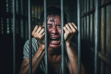 A man in a jail cell with his mouth openの素材