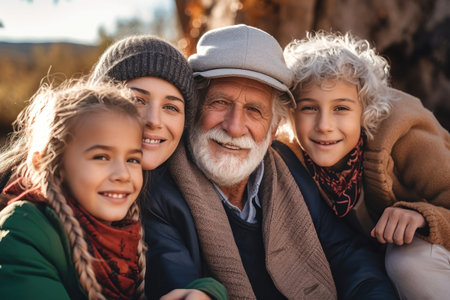 Family together. Family photo of an elderly father, daughter and young grandchildren. Children and grandchildren visit elderly parents. Family values. Friendly family. Caring for the elderlyの素材