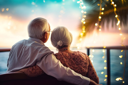 An elderly couple of Asian appearance on the deck of a ship or liner against the backdrop of the sea. Happy and smiling people. Travel on a sea liner. Love and romance of older peopleの素材