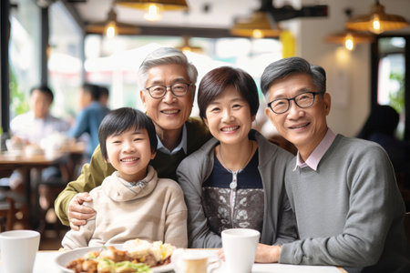 Big Asian family together. Family photo of joyful children and old people. Children and grandchildren visit elderly parents. Family traditions. Friendly familyの素材