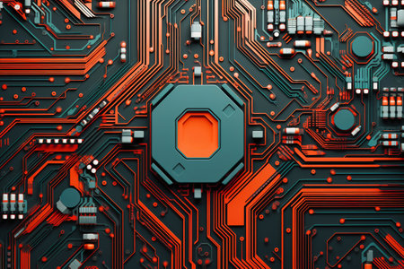 A powerful computer processor or chip on a motherboard. modern technologies. red backgroundの素材
