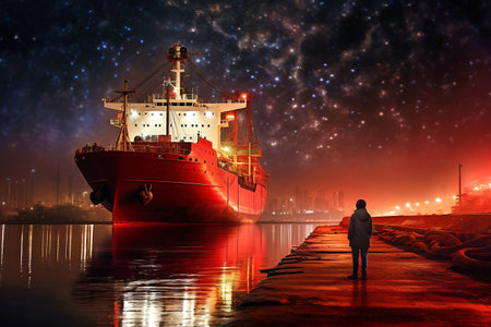 A small fishing or cargo ship on the dock in the port. The ship is waiting to sail. A vessel for fishing or transporting small cargoesの素材