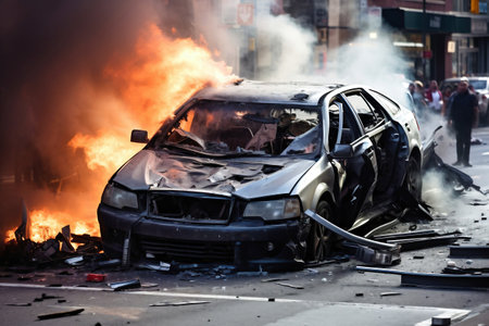 The car get damaged in an accident on the road. Broken car after a collision. Serious car accident. Road traffic accident.の素材