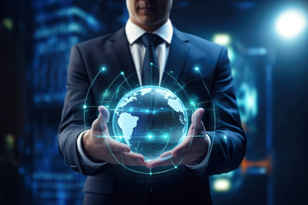 A man in a suit holding a globe in his hands. Business concept. Globalization of the economy and trade relationsの素材
