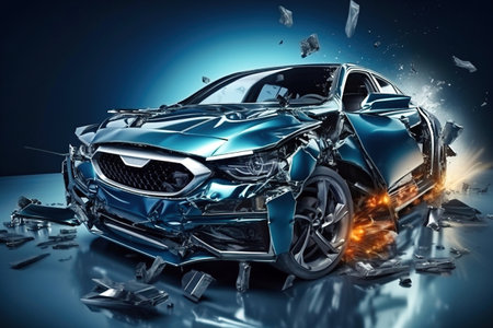 A blue car that has been smashed in half. Serious car accident. Road traffic accident.の素材