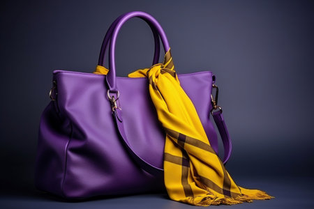 Women's bag and neckerchief. Fashionable women's things and accessories. Stylish purple women's bag and yellow cravats. Elegant women's clothesの素材