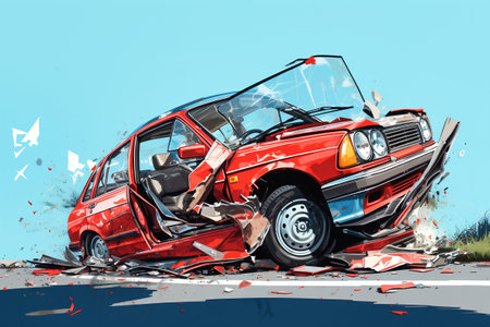The car get damaged in an accident on the road. Broken car after a collision. Serious car accident. Road traffic accidentの素材