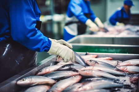 fish processing plant. production line. People sort the fish moving along the conveyor. Sorting and preparation of fish. Production of canned fish. modern food industryの素材