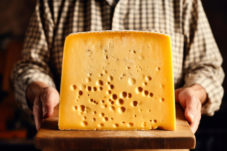 A man holding a block of cheese on top of a wooden tableの素材