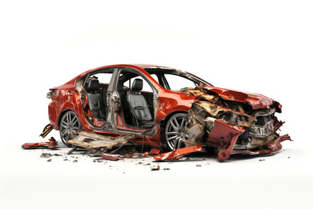 A red car that has been smashed into piecesの素材