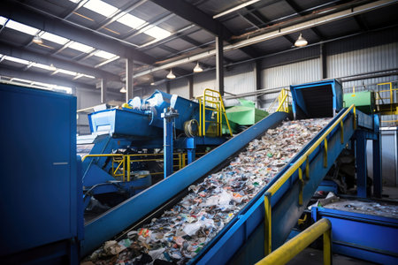 Waste sorting plant. Many different conveyors and bins. conveyors filled with various household waste. Waste disposal and recycling. Waste processing plantの素材